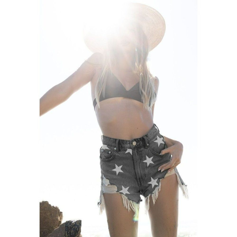 SALE! Blue Buttercup Star Print Black Demin Distressed Short 100% Cotton KP80880